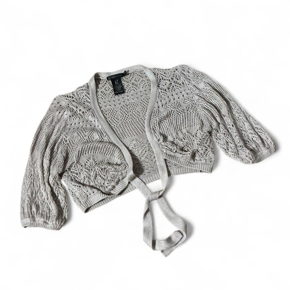 Grass Collection Beige Pointelle Knit Cropped Tie Front Shrug Cardigan M‎